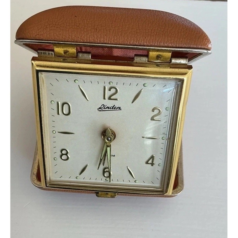 Vintage Linden Wind Up Travel Alarm Clock Brown Folding Case Working